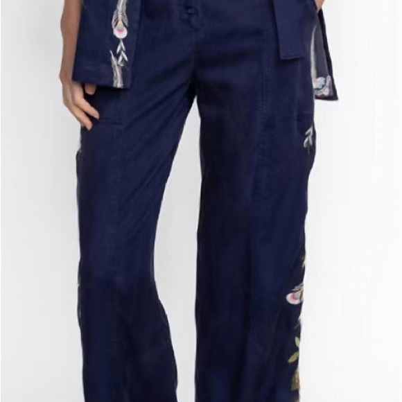 Johnny Was Emike Belted wide leg Navy Pants with Floral Embroidery NWOT - Picture 6 of 8